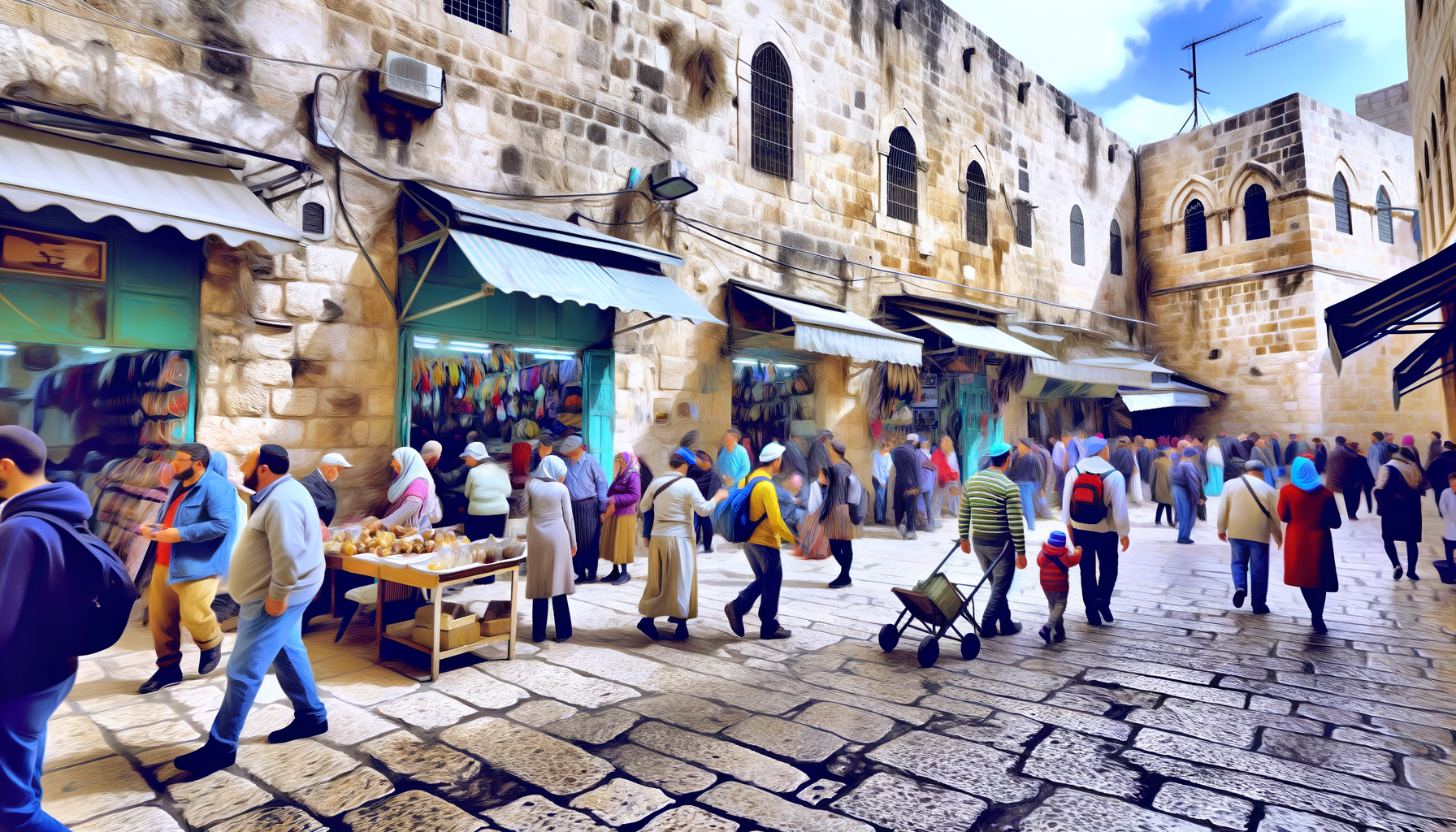 Ancient streets of Jerusalem bustling, Modern Tel Aviv skyline at dusk, Floating in the Dead Sea's waters